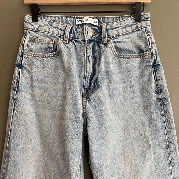 ZARA Z1975 High Rise Long Length Straight Cut Jeans Light Blue Sz 4 Rigid Denim - Picture 5 of 16